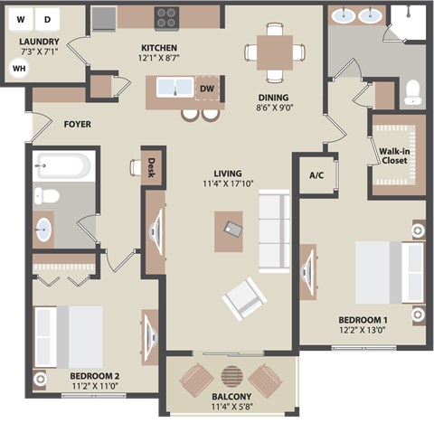 Fountain Villas The Falls 2 BD 2 Bath 1191 sqft